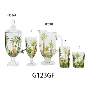 Handmade Tropical Style Heavy Quality Glass Set deep hand-carved and painted Jug Pitcher Wine Glass HB DOF Tumbler G123GF