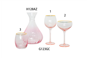 Handmade Glass Set Carafe Baloon Wine Glass Champagne Coupe and DOF Lowball tumbler in optic effect and pink color painting with gold rim G123GC