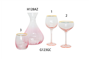 Handmade Glass Set Carafe Gin Balloon Wine Glass Champagne Coupe and DOF Lowball tumbler in optic effect and pink color painting with gold rim G123GC