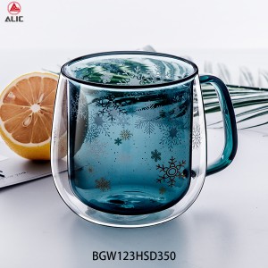 Handmade High Borosilicate Glass insulated cup inside with color glass and decal decoration 350ml BGW123HSD350