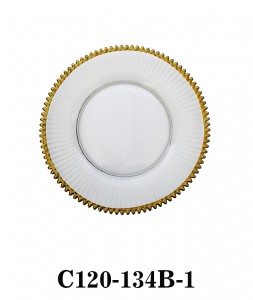 Handmade Glass Charger Plate with saw-toothed edge in white color with golden/silver rim for Table Party or Rental C120-134