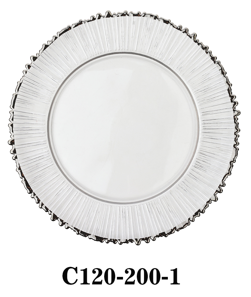 Handmade Glass Charger Plate with radial fringe for Table Party or Rental in various colours or with gold rim decoration C120-200 Featured Image