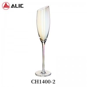 Lead Free Hand Blown Champagne Flute with oblique mouth in iridescent color 180ml CH1400-2