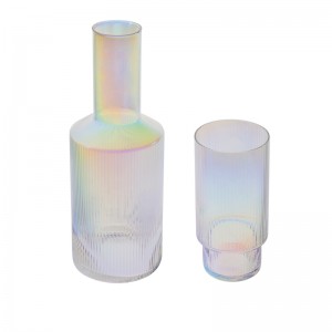 Handmade Glass Set Jug/Pitcher Highball Lowball Tumbler in rippled pattern and iridescent color G123BH