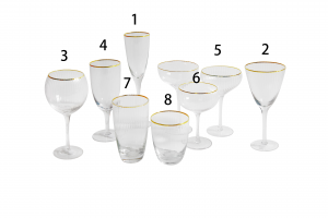 Handmade Glass Set Champagne Flute & Coupe, Wine glass, icecream glass, tumbler in optic effect with gold rim decoration G123BP