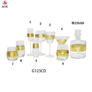 Handmade Glass Set Decanter Wine Flute Martini Glass Tumber with handcarved gold band decoration G123CD