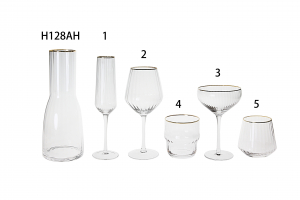 Handmade Glass Set in ripple optic effect Pitcher Wine Glass Champagne Flute Goblet & Highball Lowball tumbler with gold rim  G123DZ