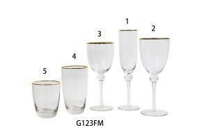 Handmade Glass Set in optic effect Wine Glass Champagne Flute Goblet & Highball Lowball tumbler with gold rim G123FM