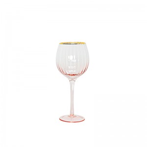 Handmade Glass Set Carafe Gin Balloon Wine Glass Champagne Coupe and DOF Lowball tumbler in optic effect and pink color painting with gold rim G123GC