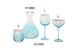 Handmade Glass Set Carafe Baloon Wine Glass Champagne Coupe and DOF Lowball tumbler in optic effect and cyan color painting with gold rimG123GD