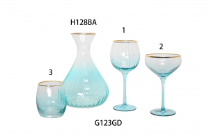 Handmade Glass Set Carafe Gin Balloon Wine Glass Champagne Coupe and DOF Lowball tumbler in optic effect and cyan color painting with gold rimG123GD