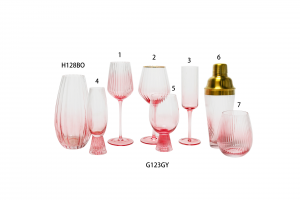 Handmade Glass Collection in stripe optic effect with pink color painting Vase/ Wine/ Champagne Flute /Stemless Wine / Goblet/ Cocktail Shacker G123GY