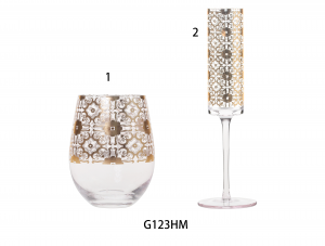 Champagn Flute and stemless wine glass with gold decal G123HM