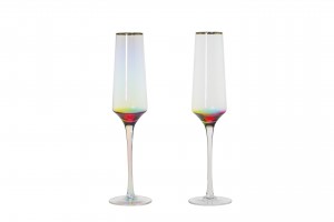 Handmade Glass Collection Champagne Flute & Coupe, Wine and Martini Gboblet & stemless Flute & Wine glass with multi coloured decoration and gold rim then with iridescent color coati...