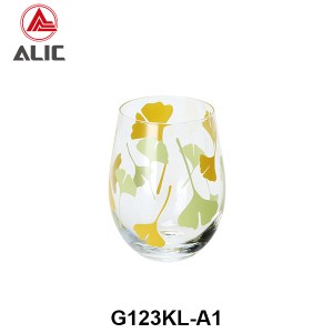 High Quality Stemless Wine Glass with ginkgo leaves decal 480ml G123KL-A1