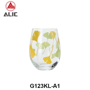 High Quality Stemless Wine Glass with ginkgo leaves decal 480ml G123KL-A1