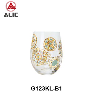 High Quality Stemless Wine Glass with mosaic style decal 480ml G123KL-B1