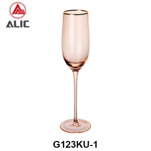Ribbed Flute Glass in Coral color with gold rim G123KU-1