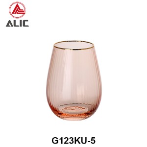 Ribbed Stemless Wine Glass in Coral color with gold rim G123KU-5