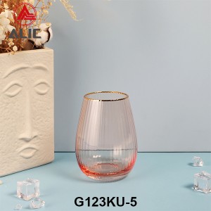 Ribbed Stemless Wine Glass in Coral color with gold rim G123KU-5