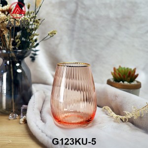 Ribbed Stemless Wine Glass in Coral color with gold rim G123KU-5