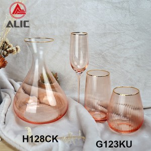 Ribbed Flute Glass in Coral color with gold rim G123KU-1