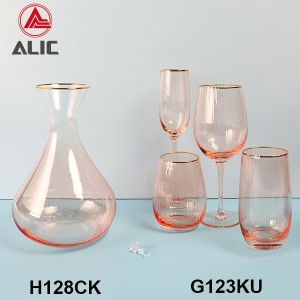 Ribbed Wine Glass in Coral color with gold rim G123KU-2