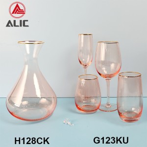 Ribbed Stemless Wine Glass in Coral color with gold rim G123KU-5