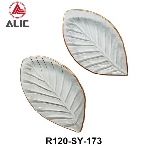 Handmade Leaf Shape Hot Bending Glass Platter Glass Dessert/Cake/Snack/Pastry/Fruit Plate in clear color with gold rim for Table Party or Rental R120-SY-173