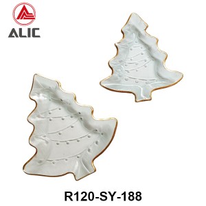 Handmade X’mas Tree Shape Hot Bending Glass Platter Glass Dessert/Cake/Snack/Pastry/Fruit Plate in clear color with gold rim for Table Party or Rental R120-SY-188