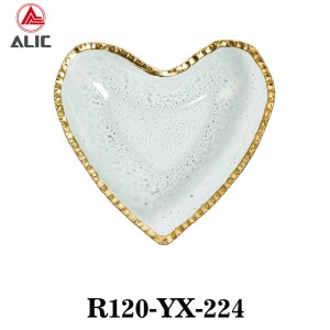 Handmade Heart Shape Hot Bending Glass Platter Glass Dessert/Cake/Snack/Pastry/Fruit Plate in clear color with gold rim for Table Party or Rental R120-YX-224