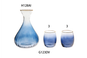 Handmade Glass set Carafe with DOF in optic style with color painting and gold rim H128AI+G123DV