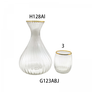 Handmade Glass set Carafe with DOF in optic style with gold rim H128AL + G123ABJ-3